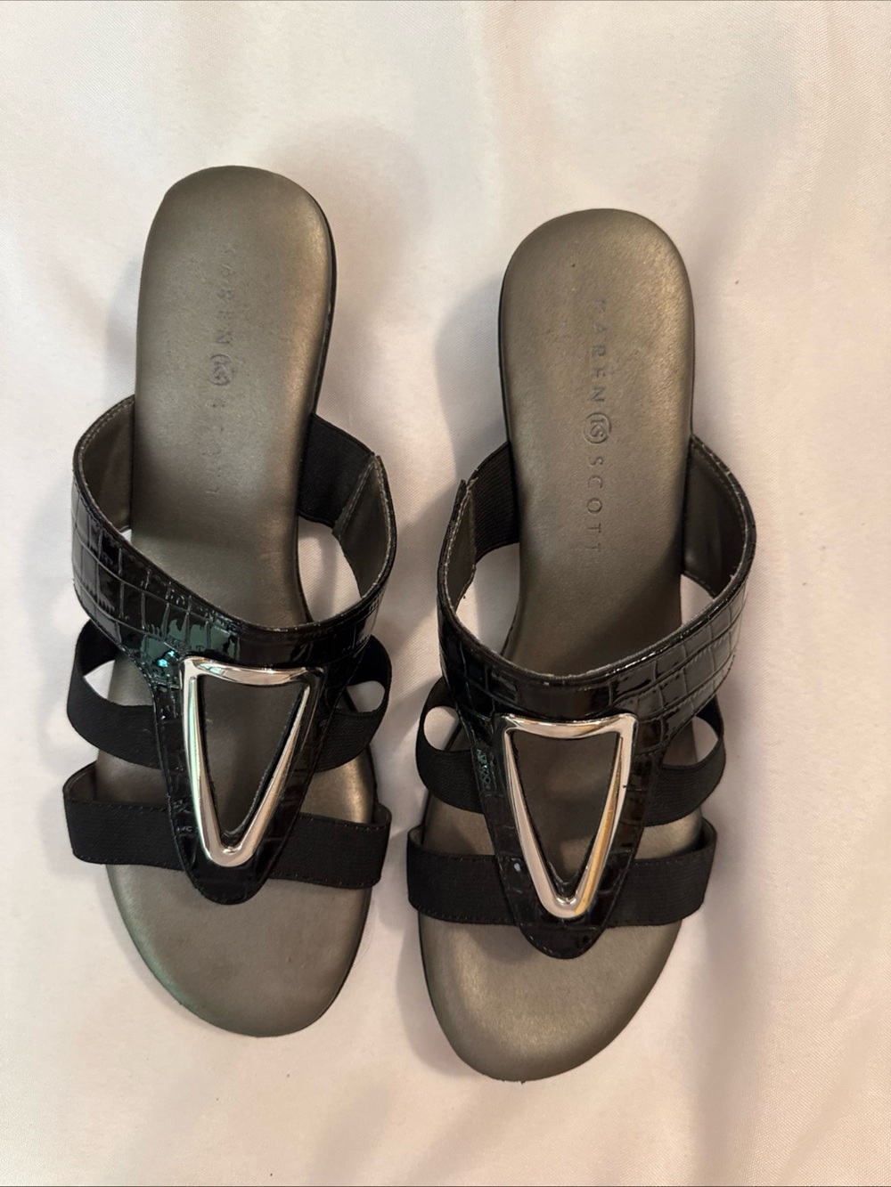 Karen Scott Black Croc-Texture Slide Sandals with Silver Triangle Accent